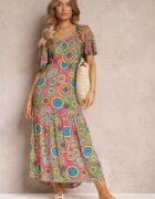 cflo Rochie Fucsia-Verde din Viscoză Maxi Florală cu Tiv Evazat și Volan Pathna