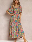 cflo Rochie Fucsia-Verde din Viscoză Maxi Florală cu Tiv Evazat și Volan Pathna
