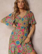 cflo Rochie Fucsia-Verde din Viscoză Maxi Florală cu Tiv Evazat și Volan Pathna