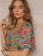 cflo Rochie Fucsia-Verde din Viscoză Maxi Florală cu Tiv Evazat și Volan Pathna