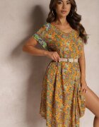 cflo Rochie Galben-Verde Cloș din Vâscoză cu Flori Rivanira