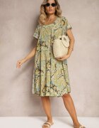 cflo Rochie Galbenă Boho din Vâscoză cu Curea Subțire în Talie Rivasea