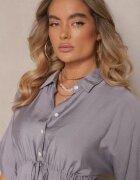 cflo Rochie Gri din Vâscoză cu Croială tip Cămașă cu Cordon în Talie Nanovias