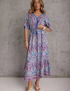 cflo Rochie Maxi Albastru-Fuchsia din Vâscoză cu elastic în talie decorată cu model Paisley Larite