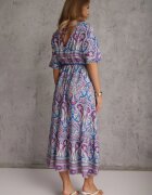 cflo Rochie Maxi Albastru-Fuchsia din Vâscoză cu elastic în talie decorată cu model Paisley Larite