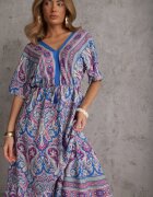 cflo Rochie Maxi Albastru-Fuchsia din Vâscoză cu elastic în talie decorată cu model Paisley Larite