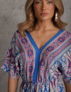 cflo Rochie Maxi Albastru-Fuchsia din Vâscoză cu elastic în talie decorată cu model Paisley Larite
