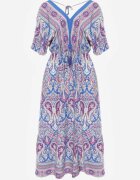 cflo Rochie Maxi Albastru-Fuchsia din Vâscoză cu elastic în talie decorată cu model Paisley Larite