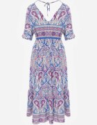 cflo Rochie Maxi Albastru-Fuchsia din Vâscoză cu elastic în talie decorată cu model Paisley Larite