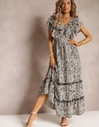 cflo Rochie Maxi din vâscoză Alb-Negru cu Volan la Decolteu și Elastic în Talie Lamimore