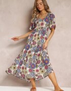 cflo Rochie Maxi din viscoză Alb-Bleumarin Florală cu poală amplă și volan Pathna