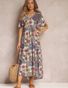 cflo Rochie Maxi din viscoză Alb-Bleumarin Florală cu poală amplă și volan Pathna