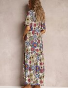 cflo Rochie Maxi din viscoză Alb-Bleumarin Florală cu poală amplă și volan Pathna