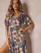 cflo Rochie Maxi din viscoză Alb-Bleumarin Florală cu poală amplă și volan Pathna