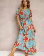 cflo Rochie maxi din viscoză Albastru-Roșu cu decolteu petrecut cu elastic în talie Lynette