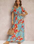 cflo Rochie maxi din viscoză Albastru-Roșu cu decolteu petrecut cu elastic în talie Lynette