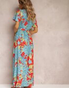cflo Rochie maxi din viscoză Albastru-Roșu cu decolteu petrecut cu elastic în talie Lynette