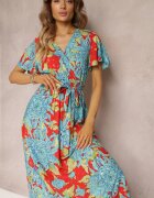 cflo Rochie maxi din viscoză Albastru-Roșu cu decolteu petrecut cu elastic în talie Lynette