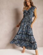 cflo Rochie Maxi din Viscoză Negru-Bleumarin cu Pompoane și cu Elastic în Talie Belmona