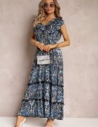 cflo Rochie Maxi din Viscoză Negru-Bleumarin cu Pompoane și cu Elastic în Talie Belmona