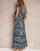 cflo Rochie Maxi din Viscoză Negru-Bleumarin cu Pompoane și cu Elastic în Talie Belmona