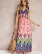 cflo Rochie Maxi Roșu-Bleumarin în Stil Boho cu Elastic în Talie Bernette
