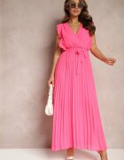 cflo Rochie Maxi Roz din Viscoză cu Pliseuri Croială Cloș și Decolteu Petrecut Fliceris
