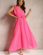 cflo Rochie Maxi Roz din Viscoză cu Pliseuri Croială Cloș și Decolteu Petrecut Fliceris