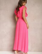 cflo Rochie Maxi Roz din Viscoză cu Pliseuri Croială Cloș și Decolteu Petrecut Fliceris