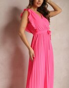 cflo Rochie Maxi Roz din Viscoză cu Pliseuri Croială Cloș și Decolteu Petrecut Fliceris