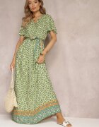 cflo Rochie Maxi Verde cu Cordon și Elastic în Talie cu Model Ornamental Calvim