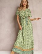 cflo Rochie Maxi Verde cu Cordon și Elastic în Talie cu Model Ornamental Calvim