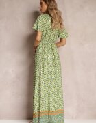 cflo Rochie Maxi Verde cu Cordon și Elastic în Talie cu Model Ornamental Calvim