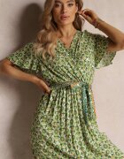 cflo Rochie Maxi Verde cu Cordon și Elastic în Talie cu Model Ornamental Calvim