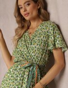 cflo Rochie Maxi Verde cu Cordon și Elastic în Talie cu Model Ornamental Calvim
