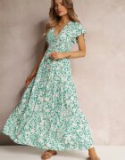cflo Rochie Maxi Verde deschis-Albă Vâscoză cu elastic în talie și volane Maethia