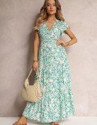 cflo Rochie Maxi Verde deschis-Albă Vâscoză cu elastic în talie și volane Maethia