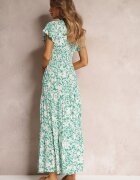 cflo Rochie Maxi Verde deschis-Albă Vâscoză cu elastic în talie și volane Maethia