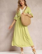 cflo Rochie Maxi Verde deschis cu elastic în talie cu ciucuri decorativi din viscoză Zisel