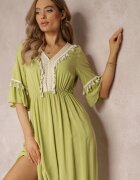 cflo Rochie Maxi Verde deschis cu elastic în talie cu ciucuri decorativi din viscoză Zisel