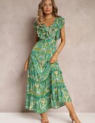 cflo Rochie Maxi Verde din viscoză cu Pompoane și elastic în talie Belmona