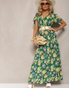cflo Rochie Maxi Verde-Galben Floral din Viscoză cu Croială Cloș și Decolteu Petrecut Brilva