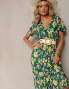 cflo Rochie Maxi Verde-Galben Floral din Viscoză cu Croială Cloș și Decolteu Petrecut Brilva