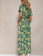 cflo Rochie Maxi Verde-Galben Floral din Viscoză cu Croială Cloș și Decolteu Petrecut Brilva