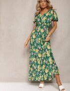 cflo Rochie Maxi Verde-Galben Floral din Viscoză cu Croială Cloș și Decolteu Petrecut Brilva