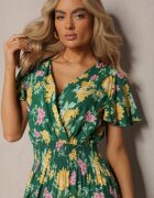 cflo Rochie Maxi Verde-Galben Floral din Viscoză cu Croială Cloș și Decolteu Petrecut Brilva