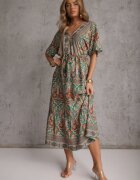 cflo Rochie Maxi Verde-Maro Din Viscoză cu Elastic în Talie Decorată cu Imprimeu Paisley Larite