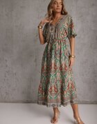 cflo Rochie Maxi Verde-Maro Din Viscoză cu Elastic în Talie Decorată cu Imprimeu Paisley Larite