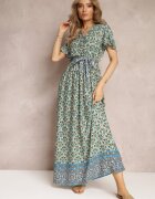 cflo Rochie Maxi Verde Mentă cu Cordon și Elastic în Talie cu Model Ornamental Calvim