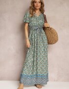 cflo Rochie Maxi Verde Mentă cu Cordon și Elastic în Talie cu Model Ornamental Calvim
